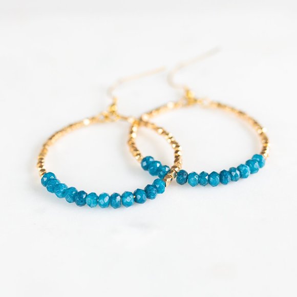 Blue Apatite Sparkly Gold Hoop Earrings Fun dangle party earrings gift for her - Picture 3 of 10